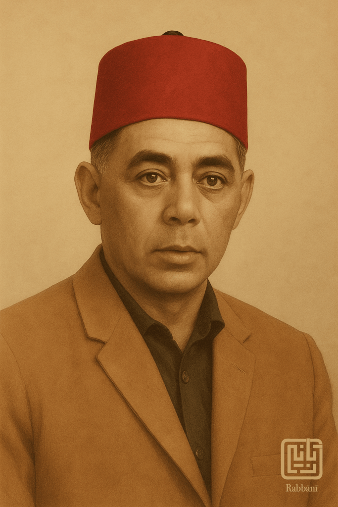 “A sepia-toned portrait of Ebrahim Abdul Aziz Jacobs, known as Braima Winter, seated in quiet dignity wearing his signature red koefiyya with a tassel — the crown of a humble builder, reader, and father.”