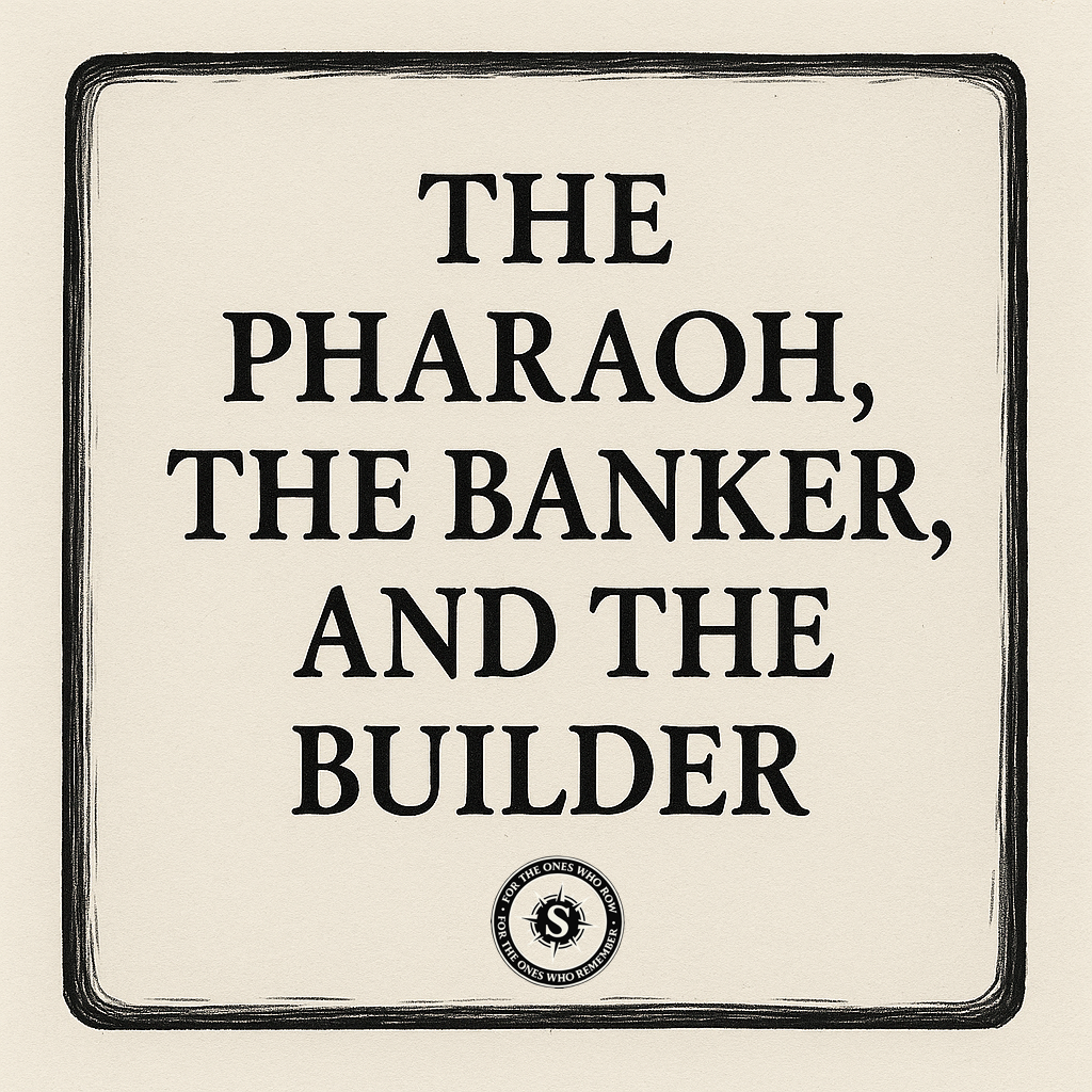 "Black and white scroll with Qur’anic archetypes: The Pharaoh. The Banker. The Builder."