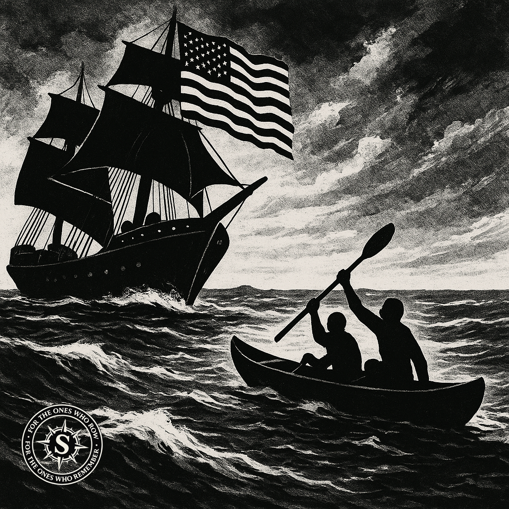 Black-and-white illustration of silhouetted figures in a canoe paddling against turbulent waves, symbolizing resistance and ancestral memory.