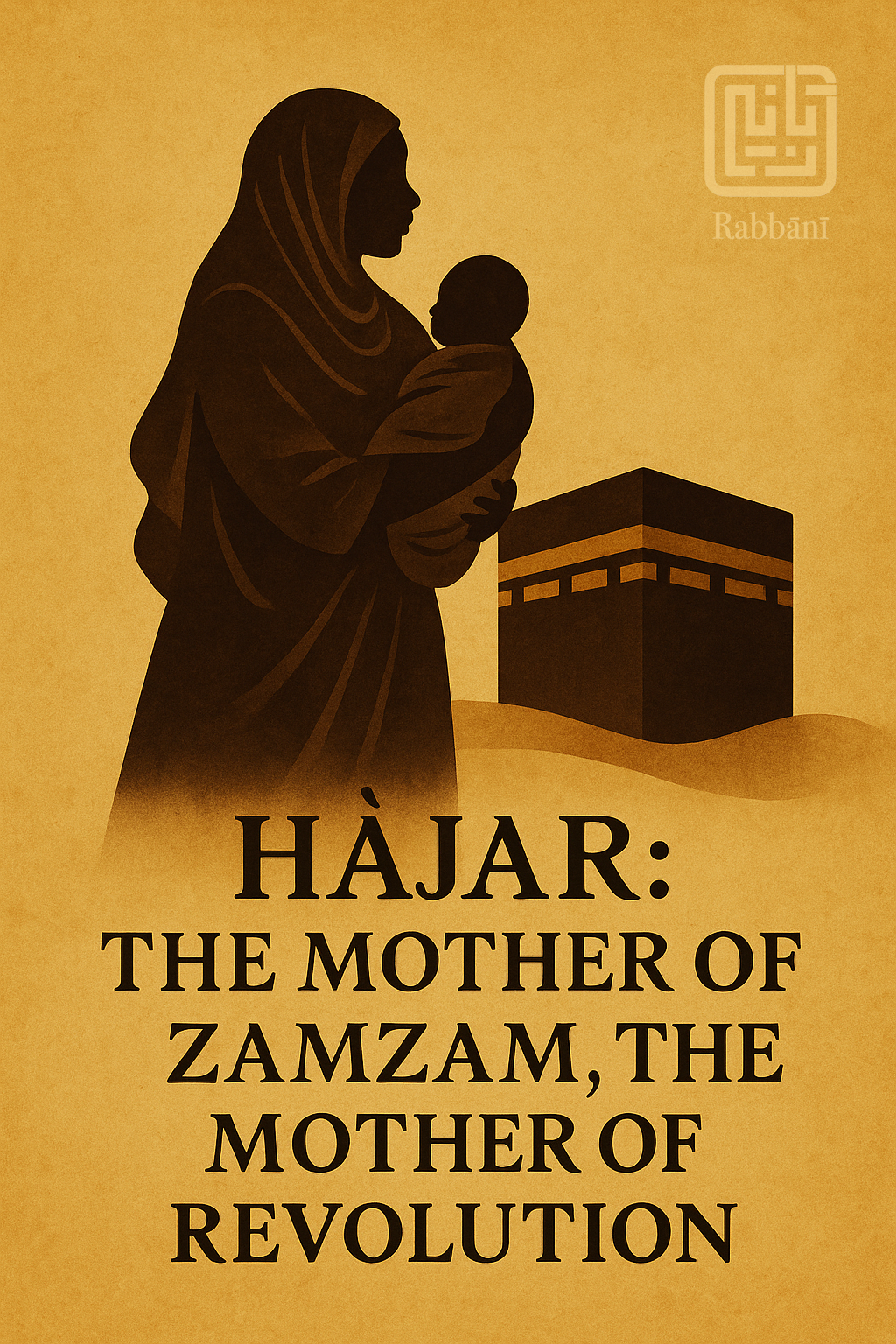 A digital silhouette of Hājar holding her infant, depicted against an ochre background with the Ka‘bah in the distance. The text reads: “Hājar: The Mother of Zamzam, The Mother of Revolution.”