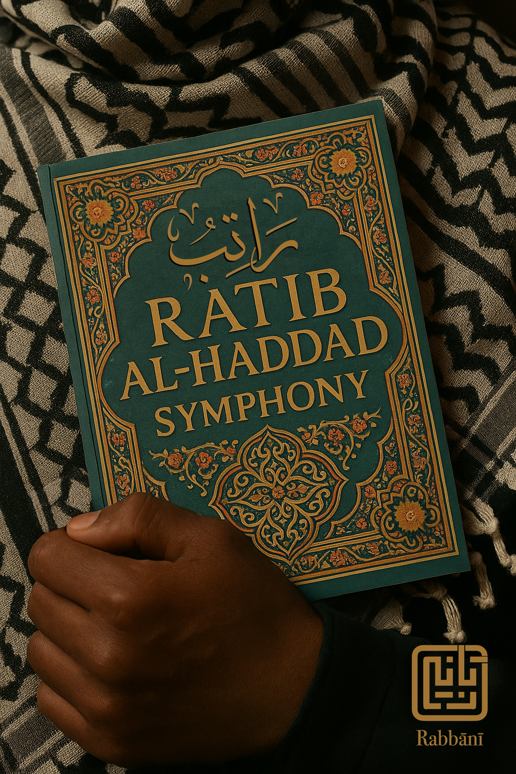 Close-up of hand holding Ratib al-Haddad booklet with black-and-white keffiyeh