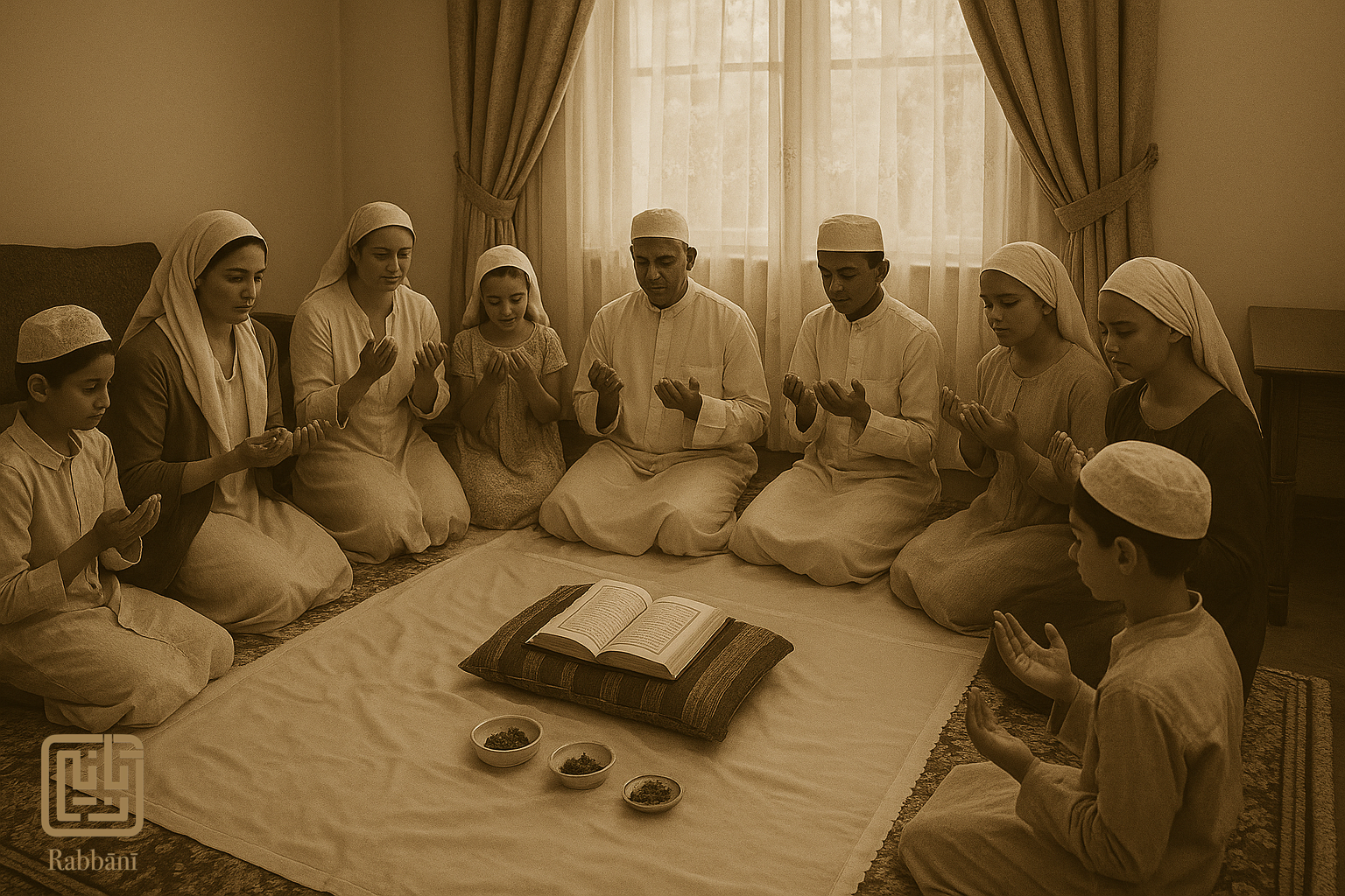 Family reciting Ratib al-Haddad together on white linen with pillows and Qur’an