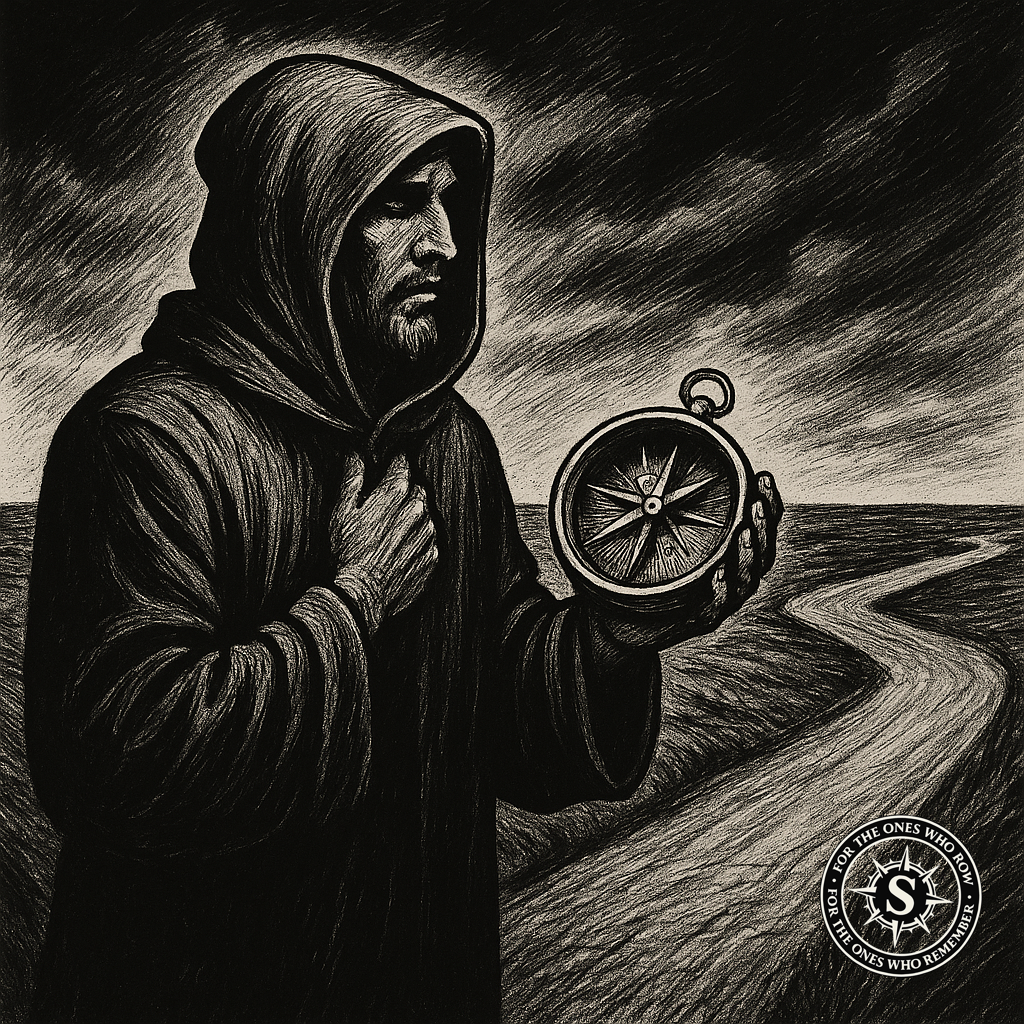 Monochrome ink drawing of a man in a hooded cloak holding a compass at a crossroads, suggesting a moment of deep reflection and future direction.